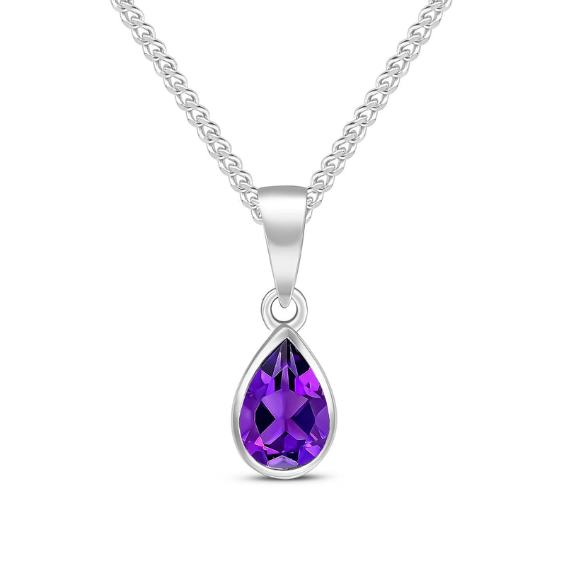 9ct White Gold Pear Shaped Natural Amethyst Rubover Pendant — 7x5mm