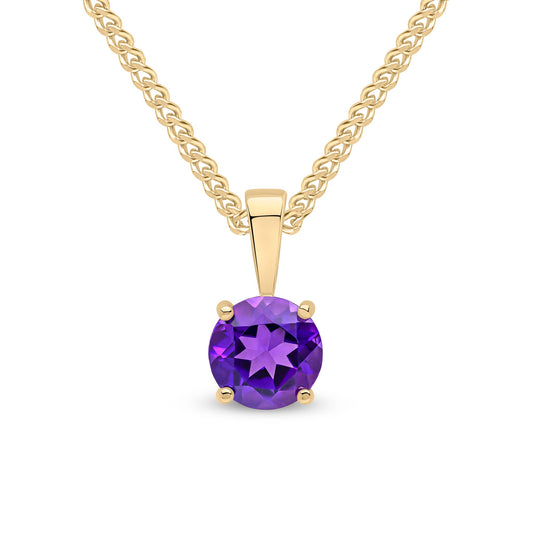 9ct Yellow Gold Round Natural Amethyst Claw Pendant — 6mm