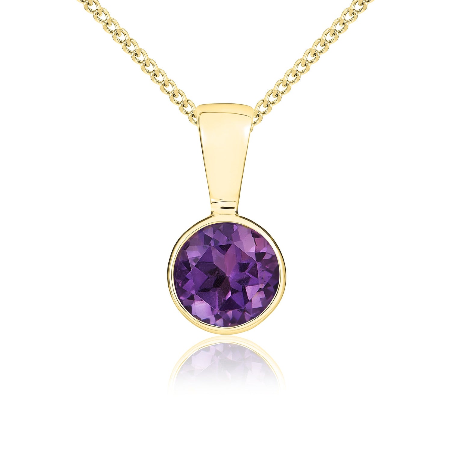 9ct Yellow Gold Round Natural Amethyst Rubover Pendant — 5mm