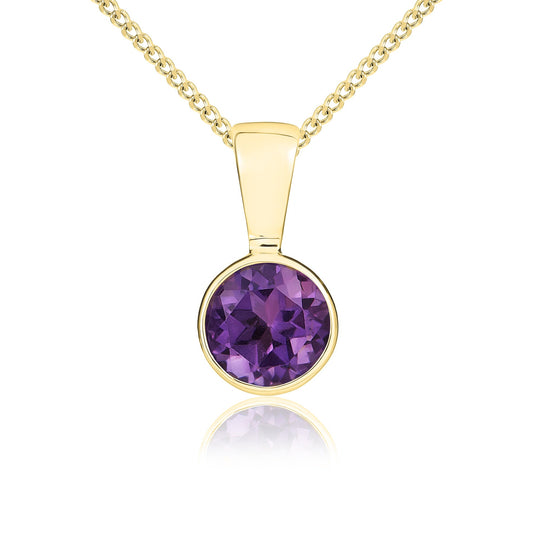 9ct Yellow Gold Round Natural Amethyst Rubover Pendant — 5mm