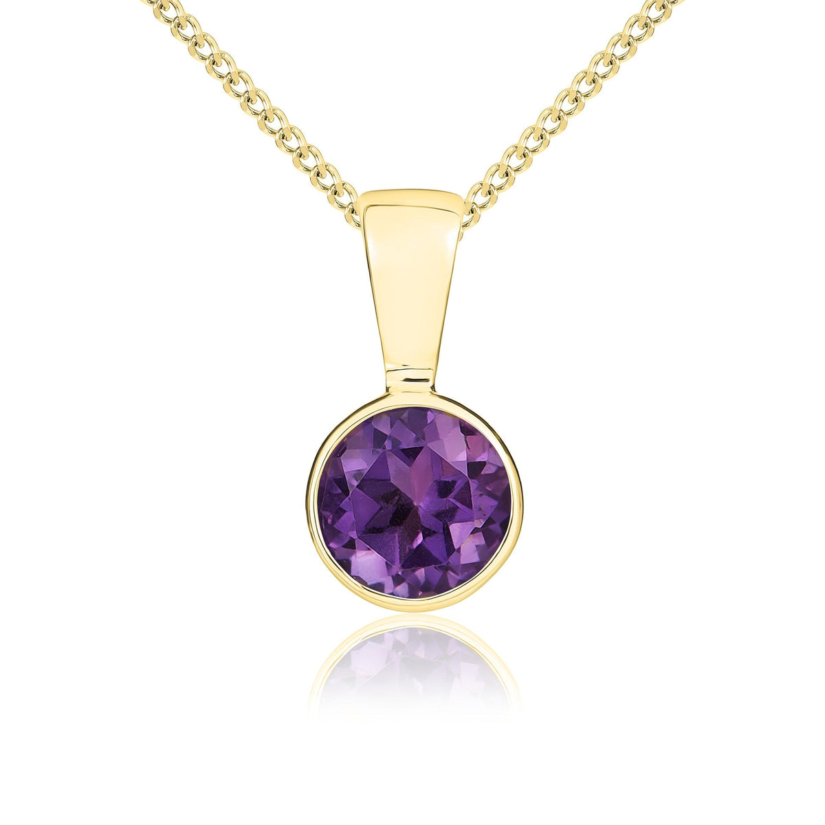 9ct Yellow Gold Round Natural Amethyst Rubover Pendant — 5mm