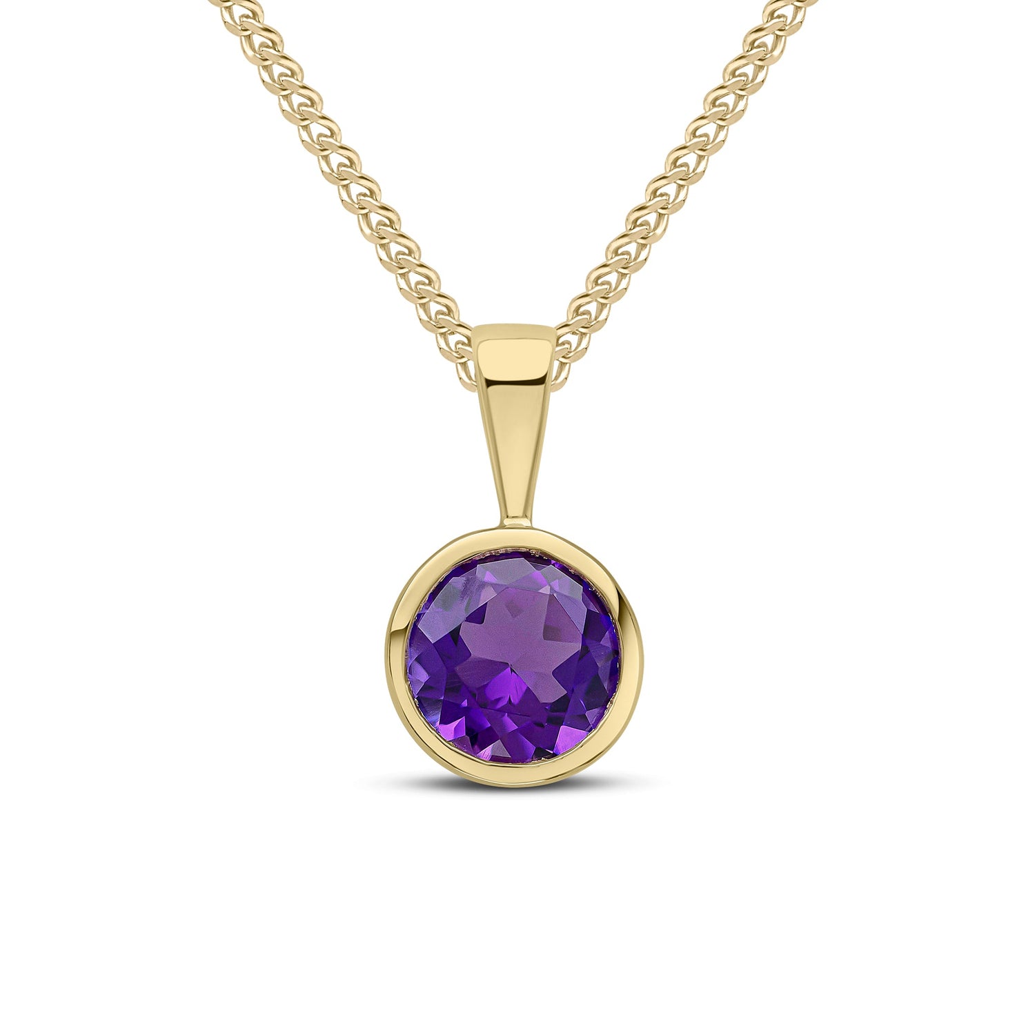 9ct Yellow Gold Round  Natural Amethyst Rubover Pendant — 6mm