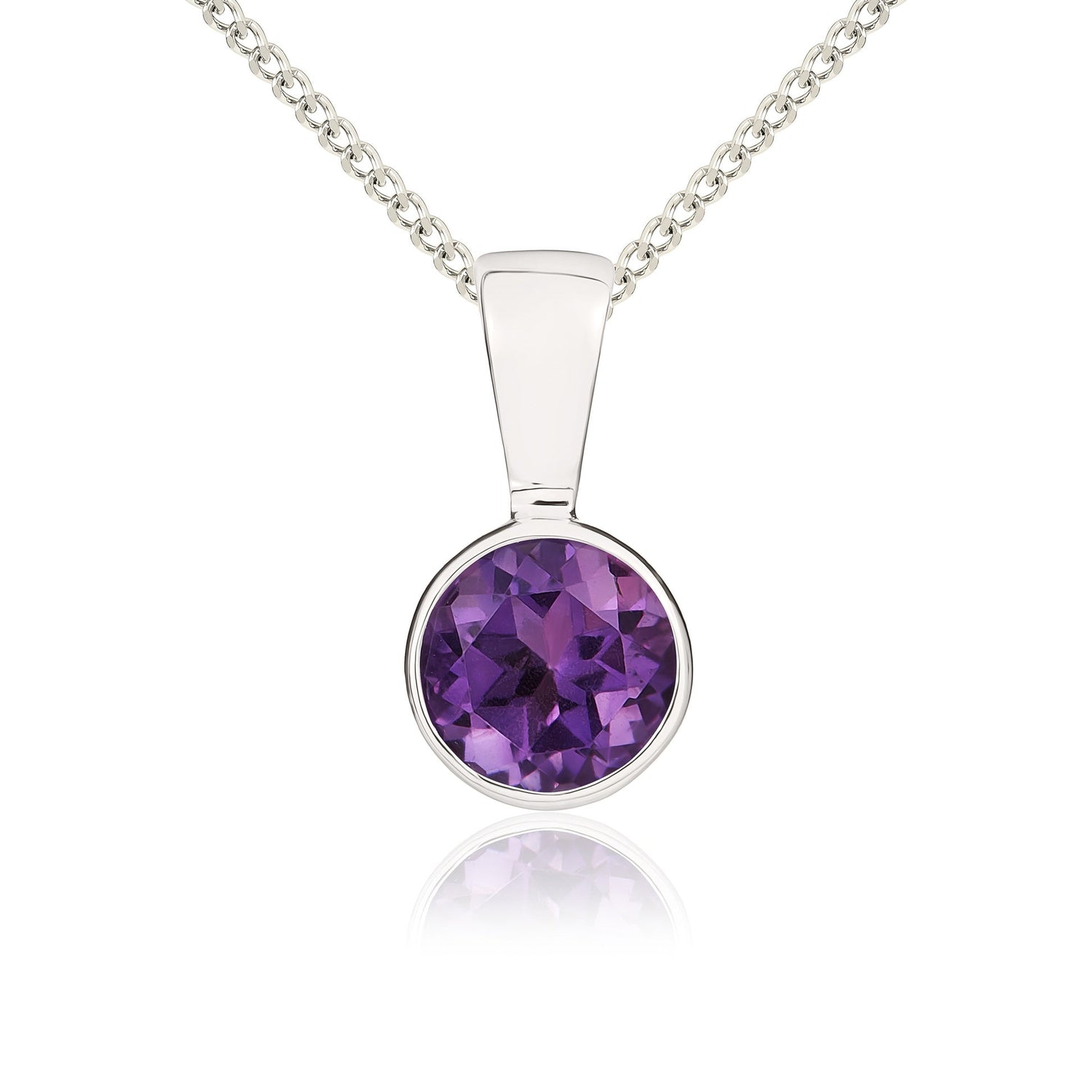 9ct White Gold Round Natural Amethyst Rubover Pendant — 5mm