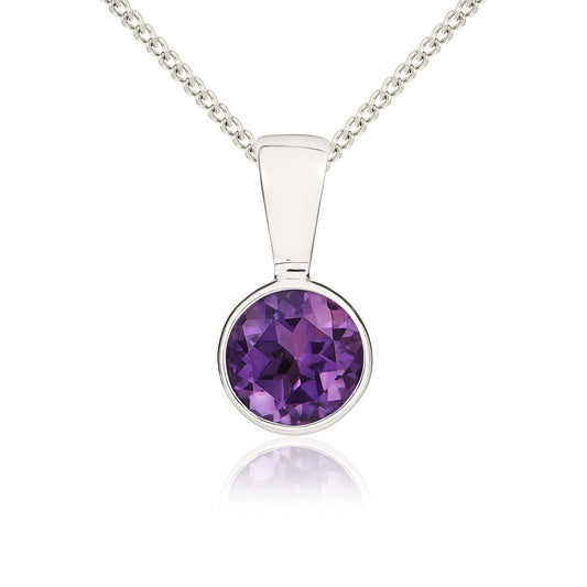 9ct White Gold Round Natural Amethyst Rubover Pendant — 5mm
