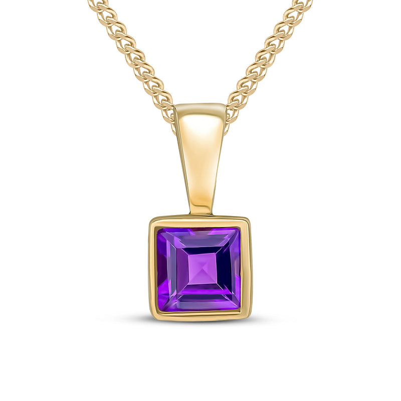 9ct Yellow Gold Square Natural Amethyst Rubover Pendant — 4mm
