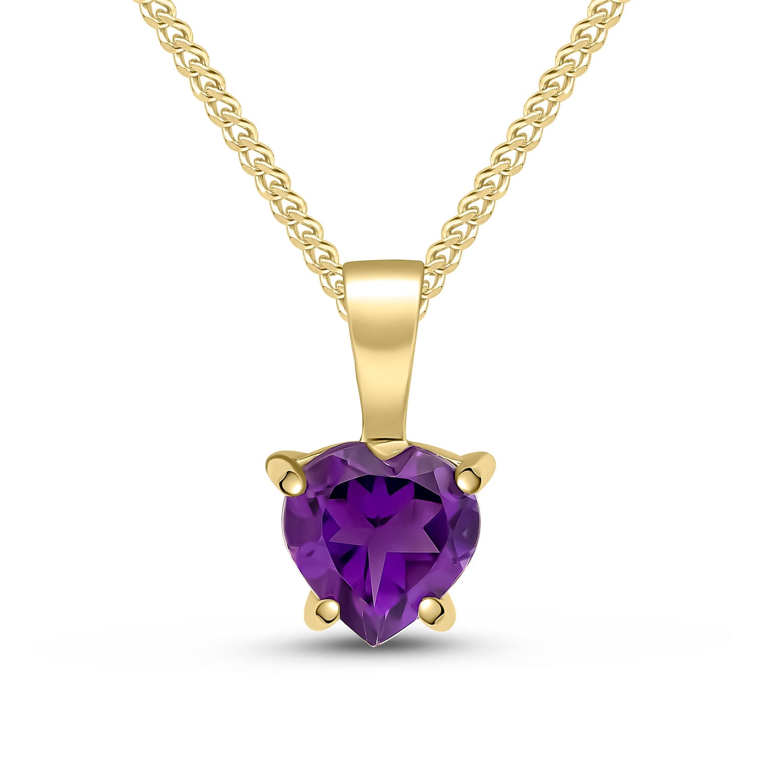 9ct Yellow Gold Heart Natural Amethyst Claw Pendant — 6mm