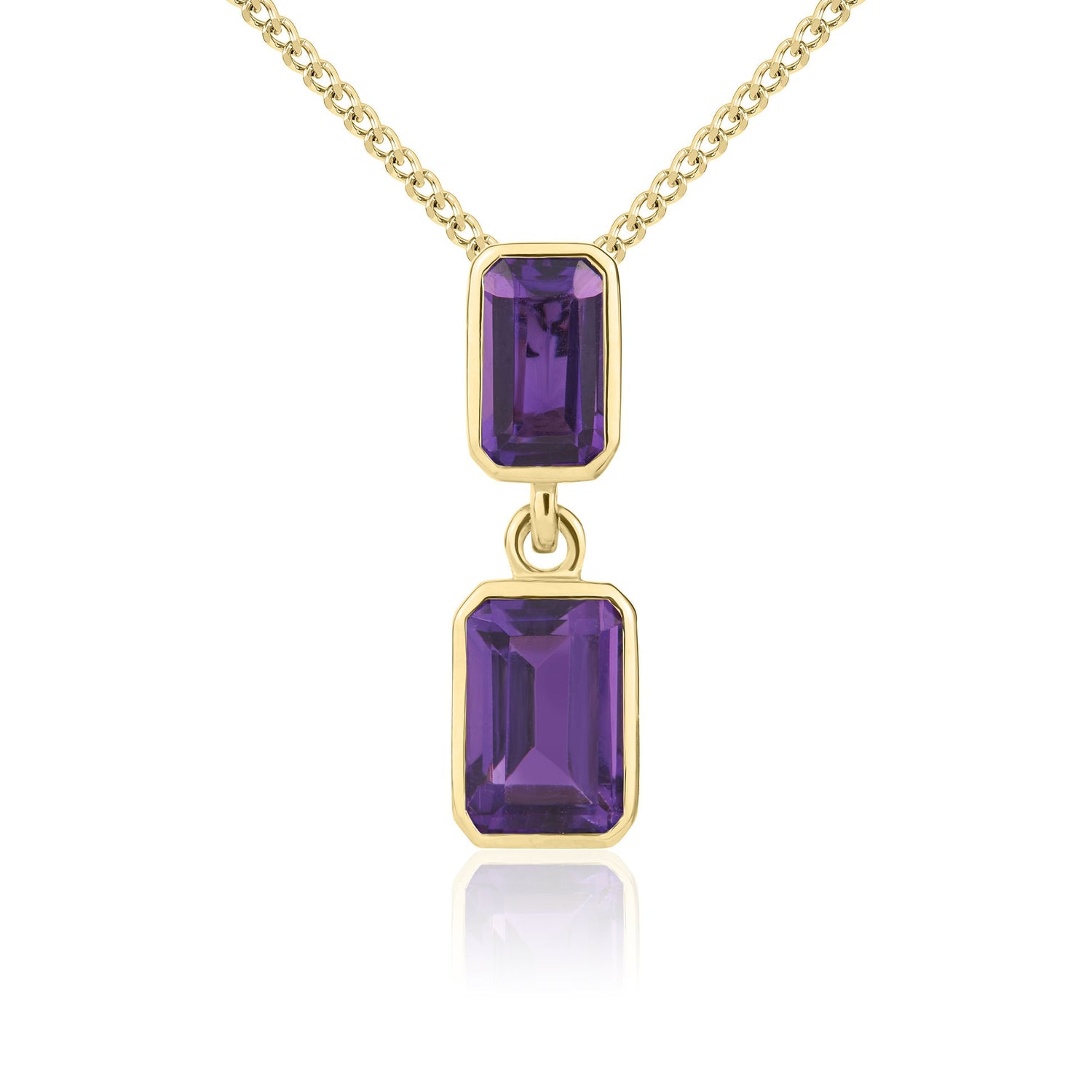 9ct Yellow Gold Octagonal Emerald Cut Natural Amethyst Double Stone Rubover Drop Pendant