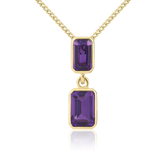 9ct Yellow Gold Octagonal Emerald Cut Natural Amethyst Double Stone Rubover Drop Pendant