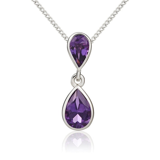 9ct White Gold Pear Shaped Natural Amethyst Two Stone Rubover Drop Pendant