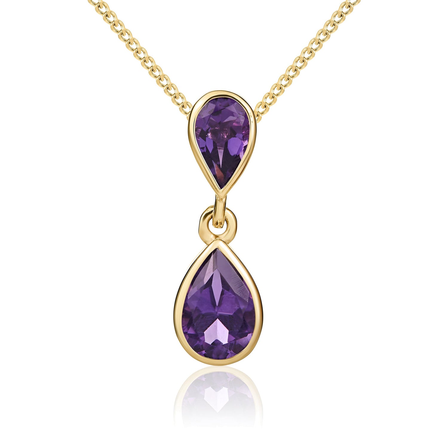 9ct Yellow Gold Pear Shaped Natural Amethyst Two Stone Rubover Drop Pendant