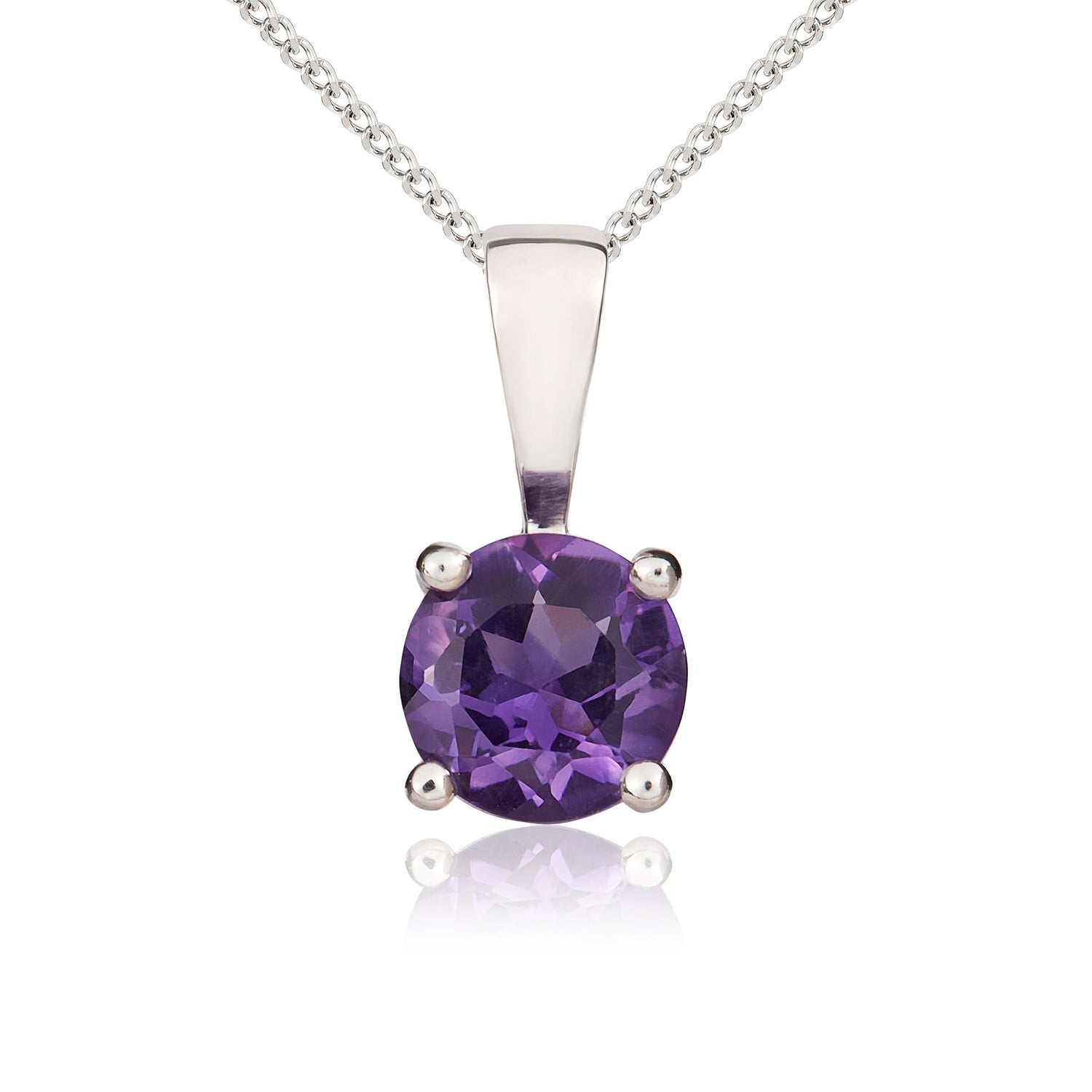 9ct White Gold Round Natural Amethyst 4 Claw Single Stone Pendant — 5mm