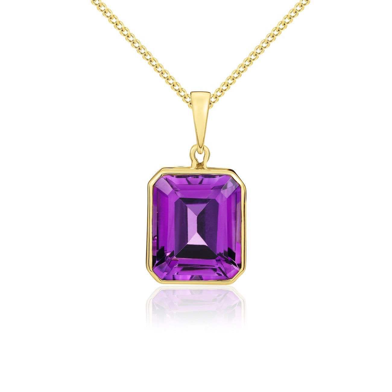 9ct Yellow Gold Octagonal Emerald Cut Natural Amethyst Rubover Pendant — 12x10mm