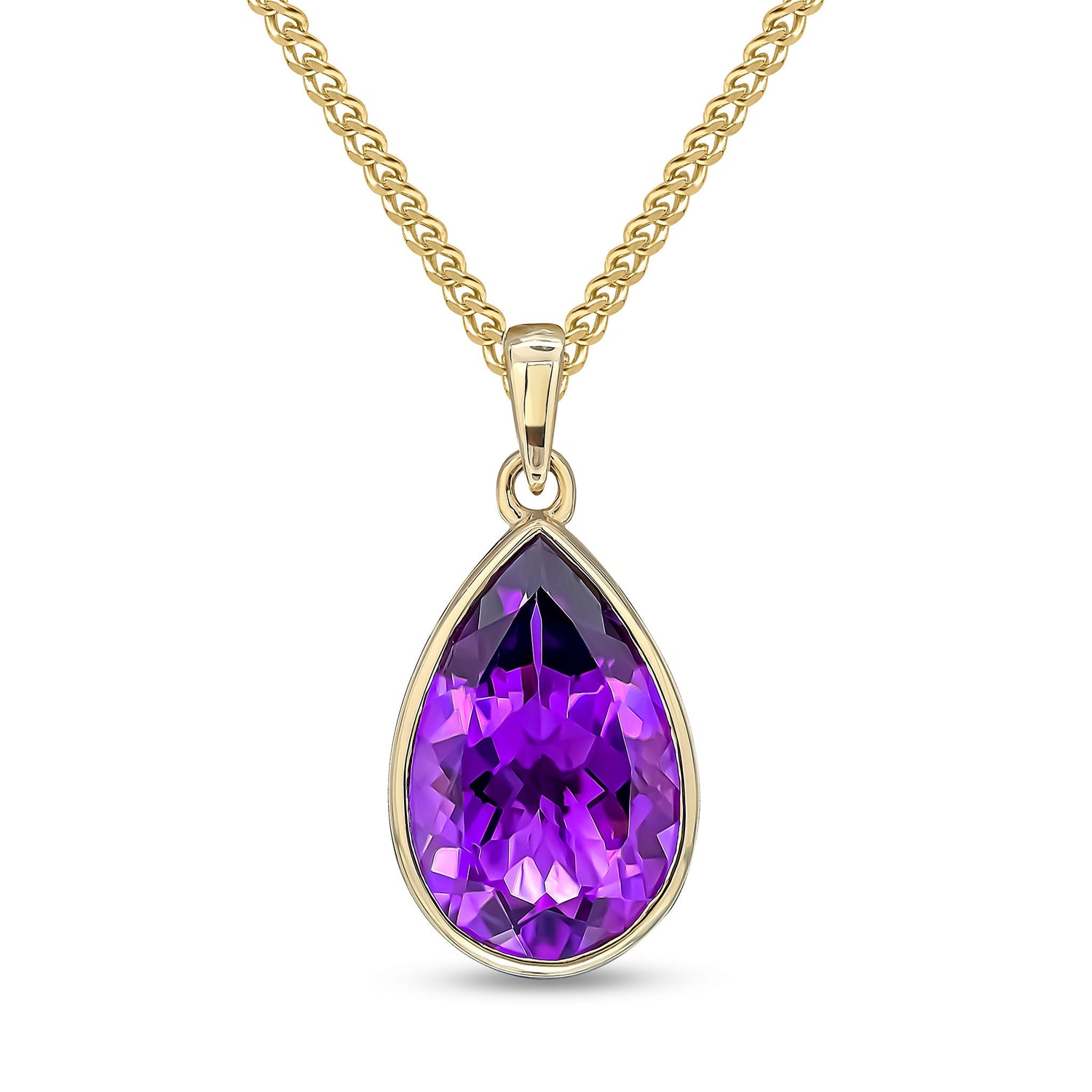 9ct Yellow Gold Pear Shaped Natural Amethyst Rubover Pendant — 14x9mm