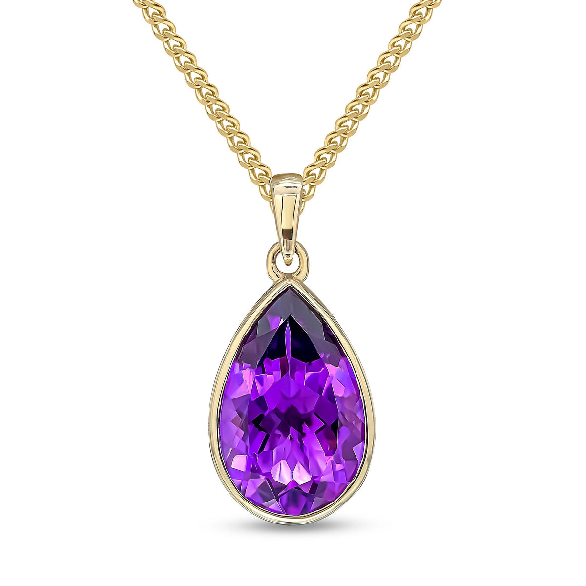 9ct Yellow Gold Pear Shaped Natural Amethyst Rubover Pendant — 14x9mm