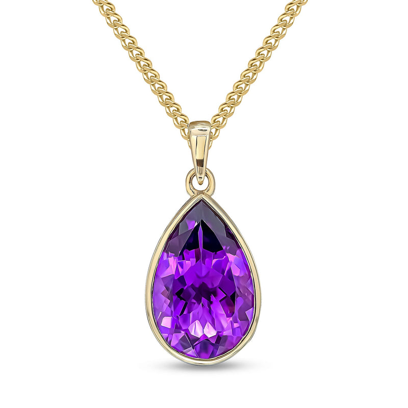 9ct Yellow Gold Pear Shaped Natural Amethyst Rubover Pendant — 14x9mm