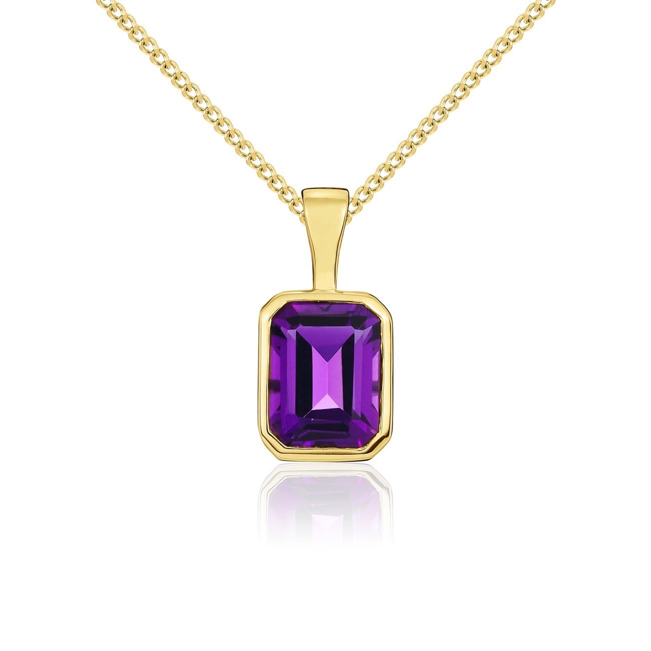 9ct Yellow Gold Octagonal Emerald Cut Natural Amethyst Rubover Pendant — 8x6mm