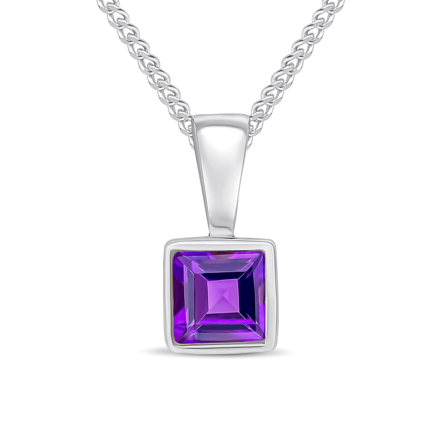 9ct White Gold Square Natural Amethyst Rubover Pendant — 4mm