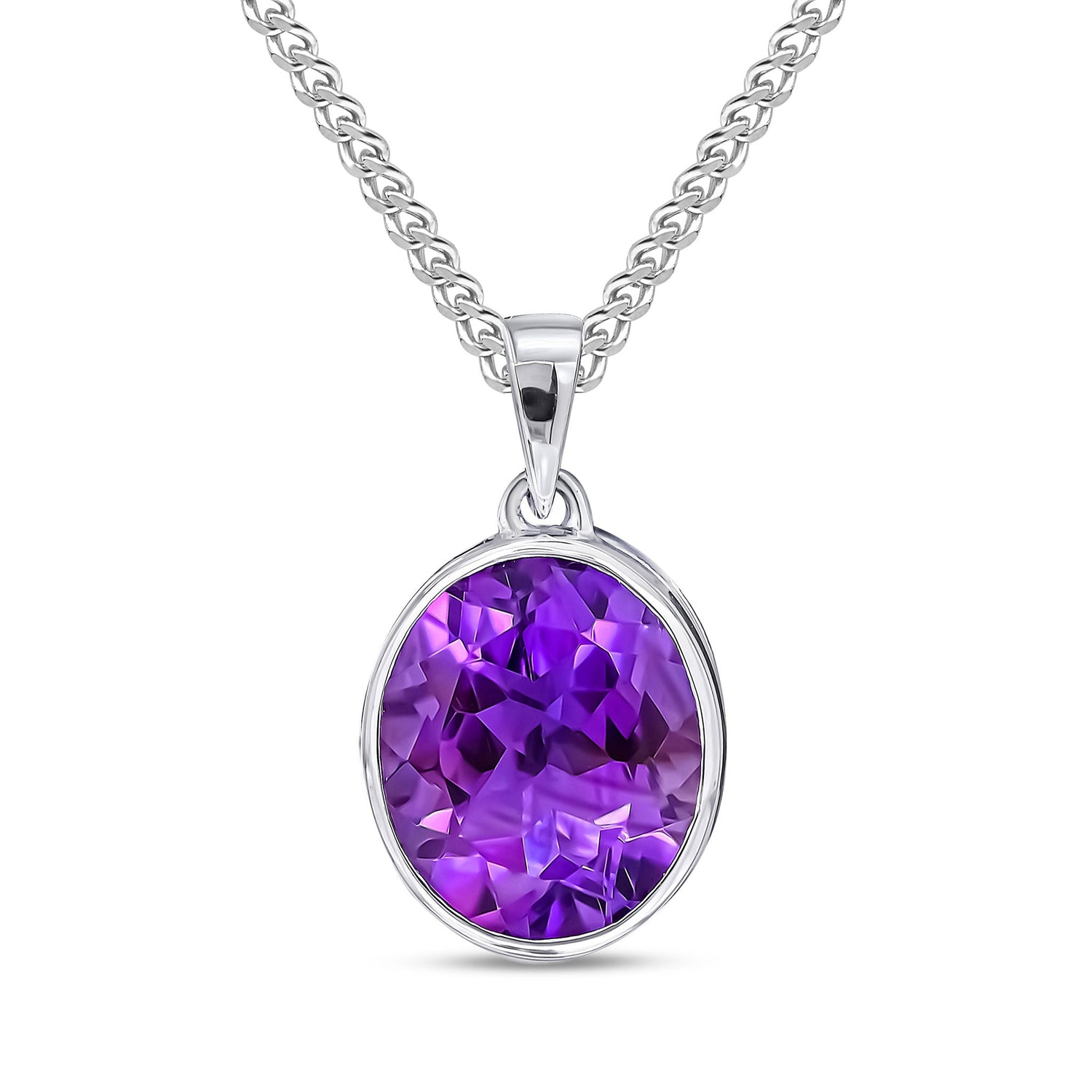 9ct White Gold Oval  Natural Amethyst Rubover Pendant — 12x10mm