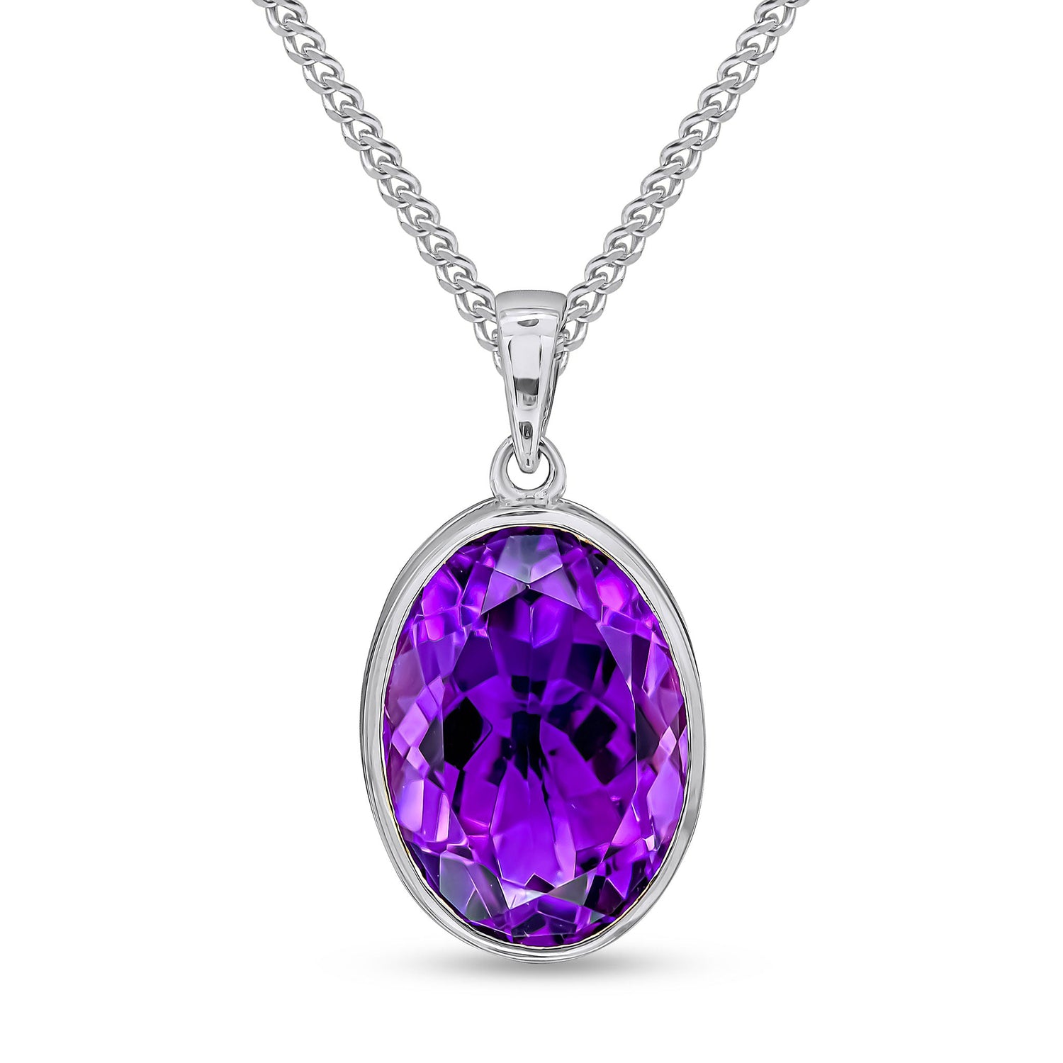 9ct White Gold Oval  Natural Amethyst Rubover Pendant —14x10mm