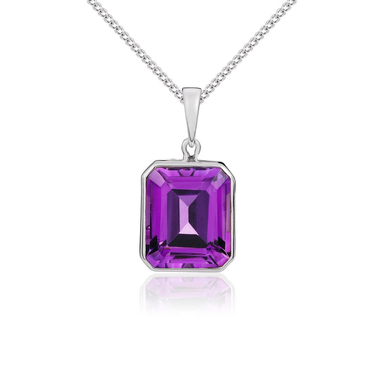 9ct White Gold Octagonal Natural Amethyst Rubover Pendant — 12x10mm