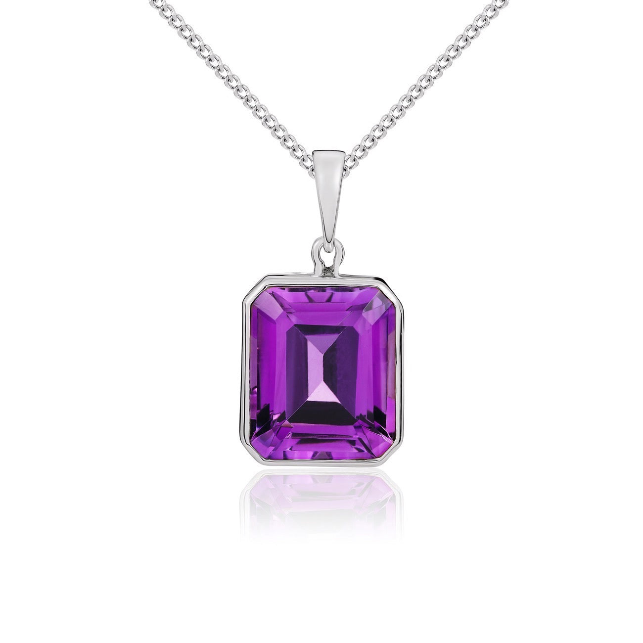 9ct White Gold Octagonal Emerald Cut Natural Amethyst Rubover Pendant — 12x10mm