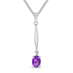 9ct White Gold Oval Natural Amethyst Claw Bar Drop Pendant — 7x5mm