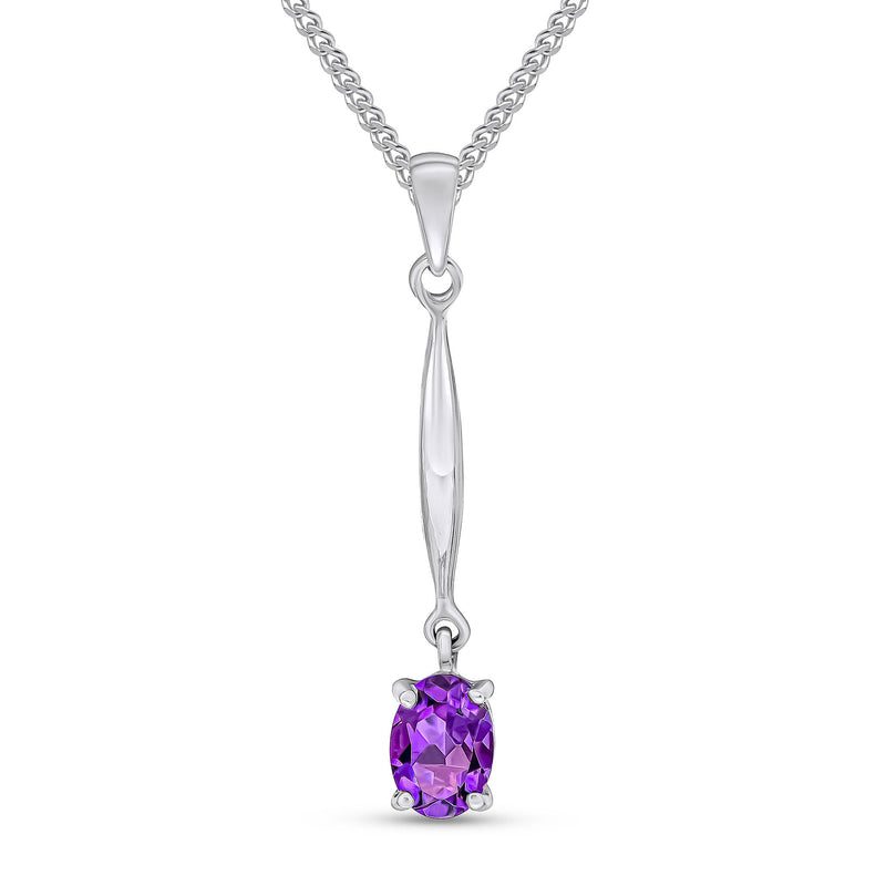 9ct White Gold Oval Natural Amethyst Claw Bar Drop Pendant — 7x5mm
