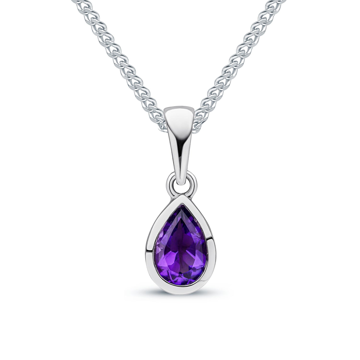 9ct White Gold Pear Shaped Natural Amethyst Rubover Single Stone Pendant — 6x4mm