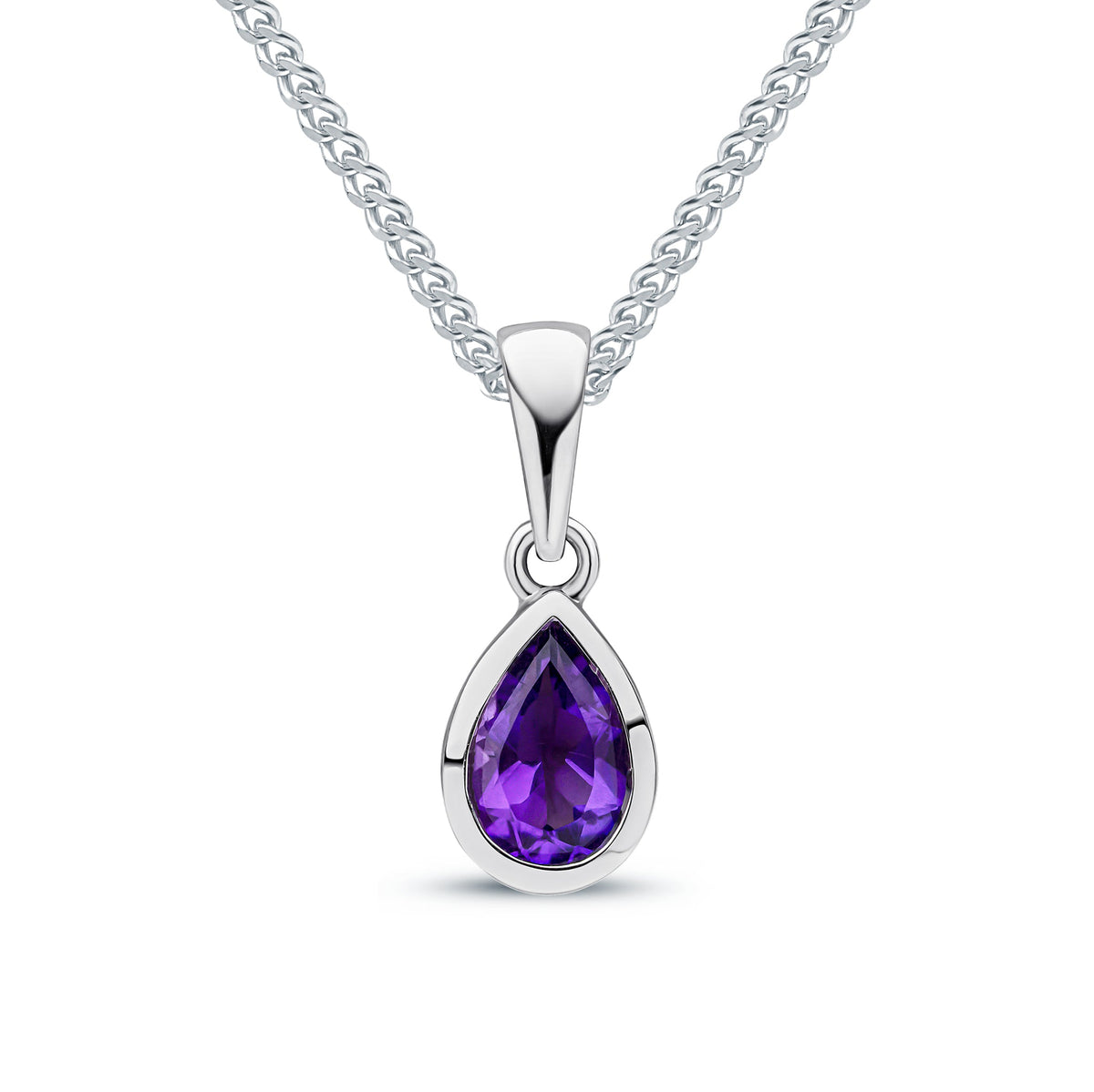 9ct White Gold Pear Shaped Natural Amethyst Rubover Pendant — 6x4mm