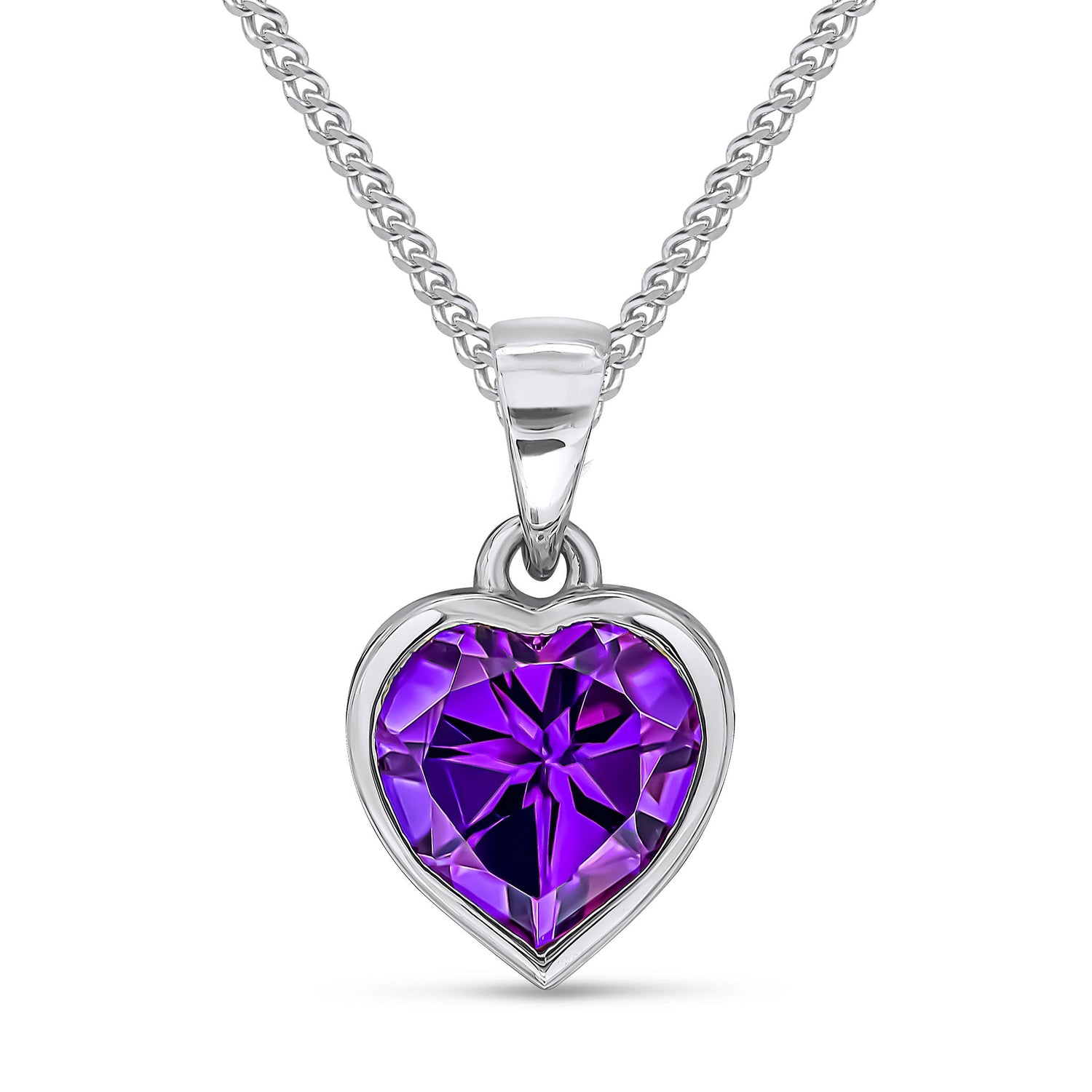 9ct White Gold Heart Natural Amethyst Rubover Pendant — 8mm