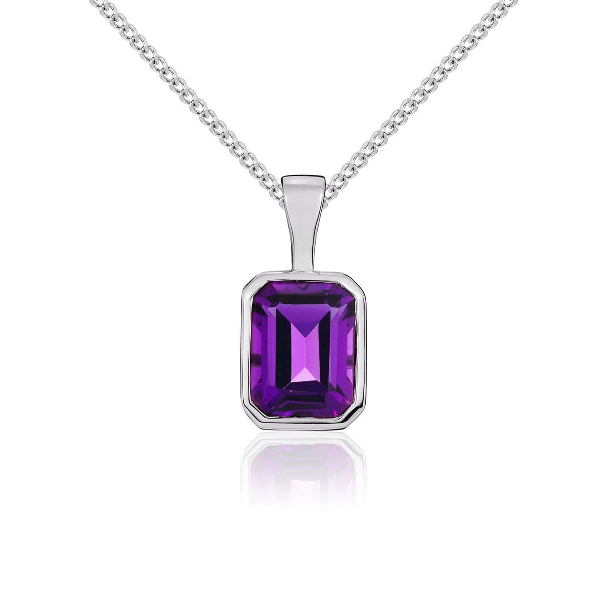 9ct White Gold Octagonal Natural Amethyst Rubover Pendant — 8x6mm