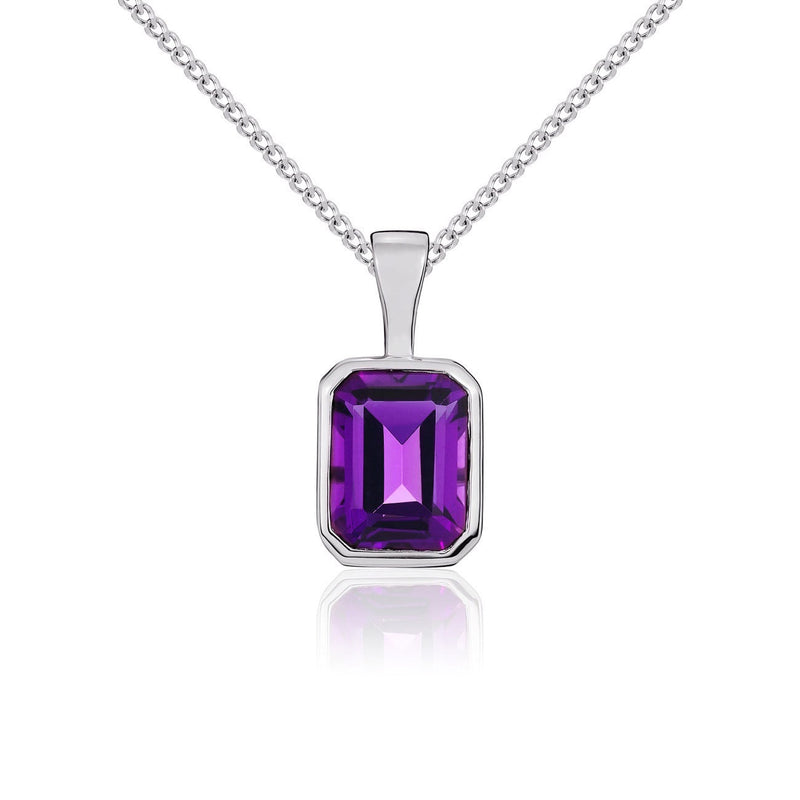 9ct White Gold Octagonal Natural Amethyst Rubover Pendant — 8x6mm