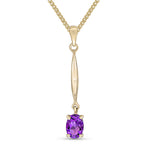 9ct Yellow Gold Oval Natural Amethyst Claw Bar Drop Pendant — 7x5mm
