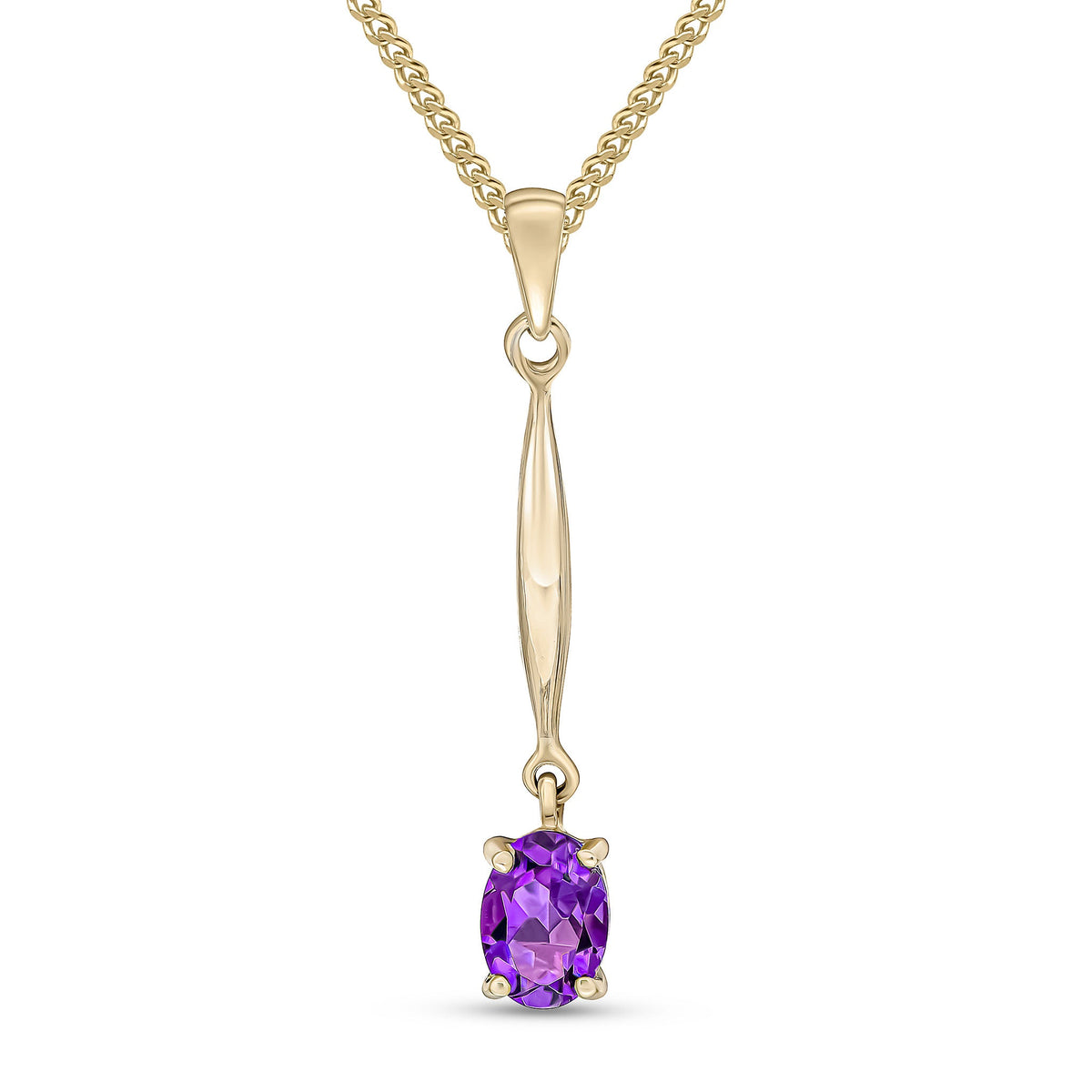9ct Yellow Gold Oval Natural Amethyst Claw Bar Drop Pendant — 7x5mm