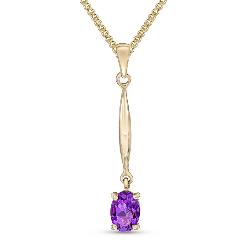 9ct Yellow Gold Oval Natural Amethyst Claw Bar Drop Pendant — 7x5mm