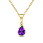 9ct Yellow Gold Pear Shaped Natural Amethyst Rubover Pendant — 7x5mm