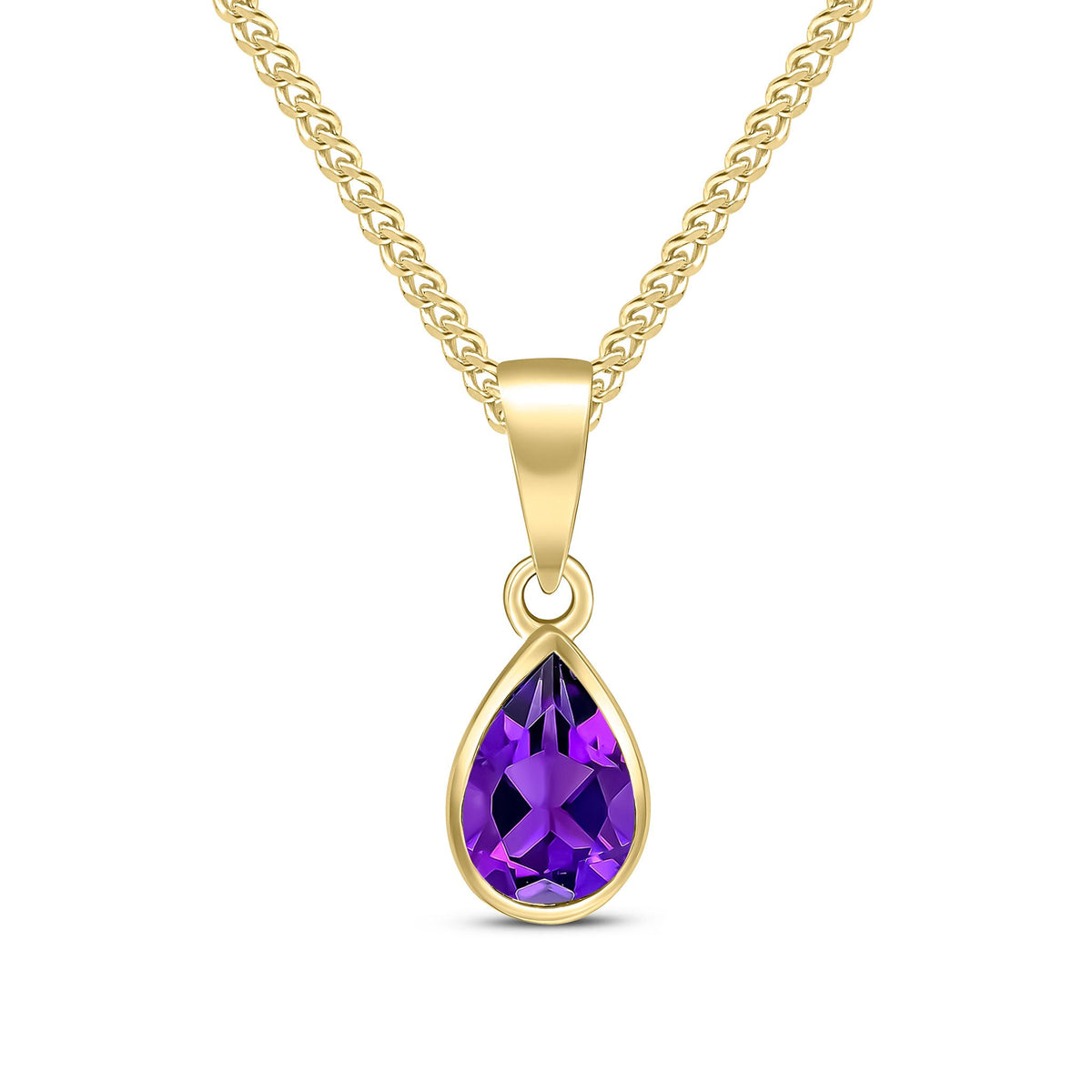 9ct Yellow Gold Pear Shaped Natural Amethyst Rubover Pendant — 7x5mm