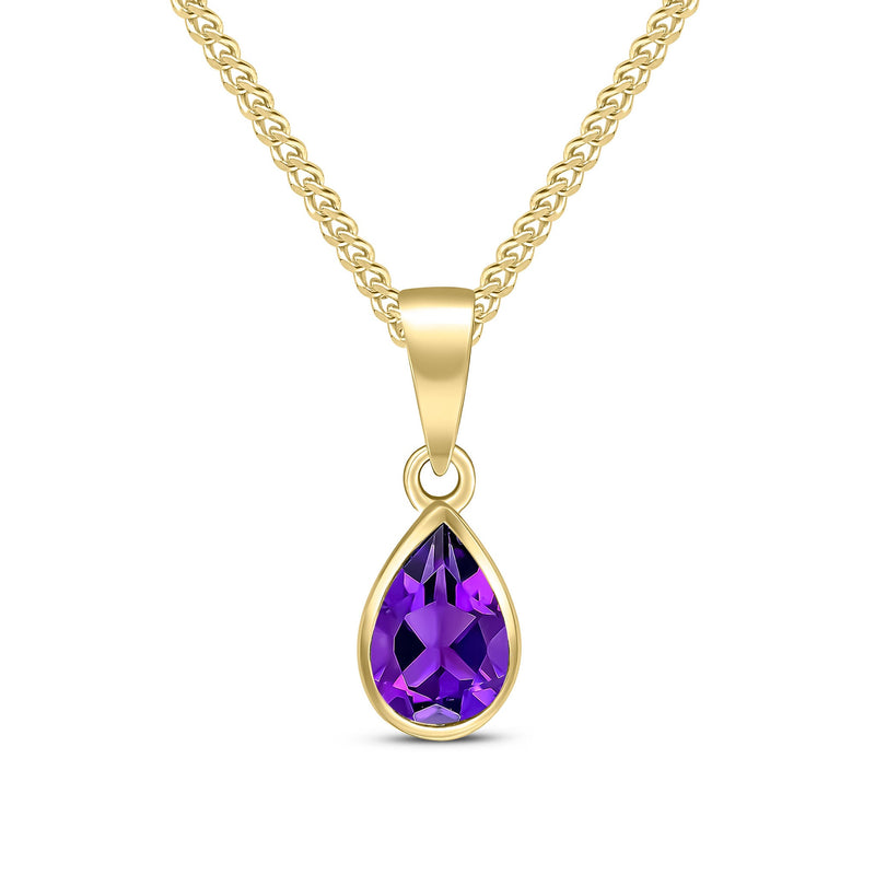 9ct Yellow Gold Pear Shaped Natural Amethyst Rubover Pendant — 7x5mm