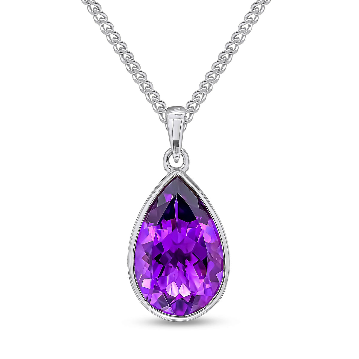 9ct White Gold Pear Shaped Natural Amethyst Rubover Pendant — 14x9mm