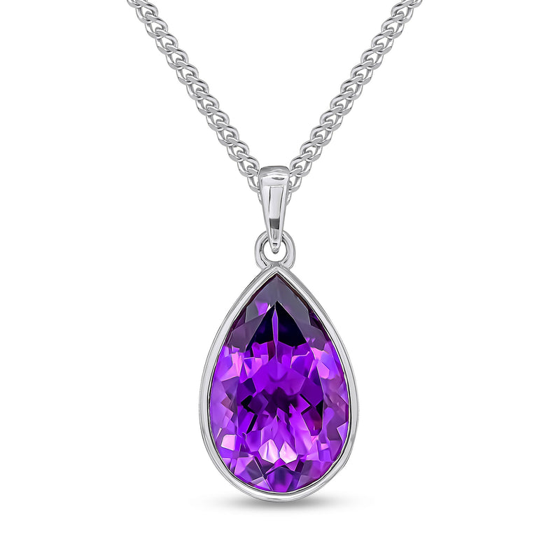 9ct White Gold Pear Shaped Natural Amethyst Rubover Pendant — 14x9mm