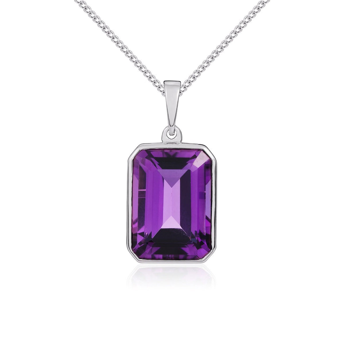 9ct White Gold Octagonal Natural Amethyst Rubover Pendant — 14x10mm