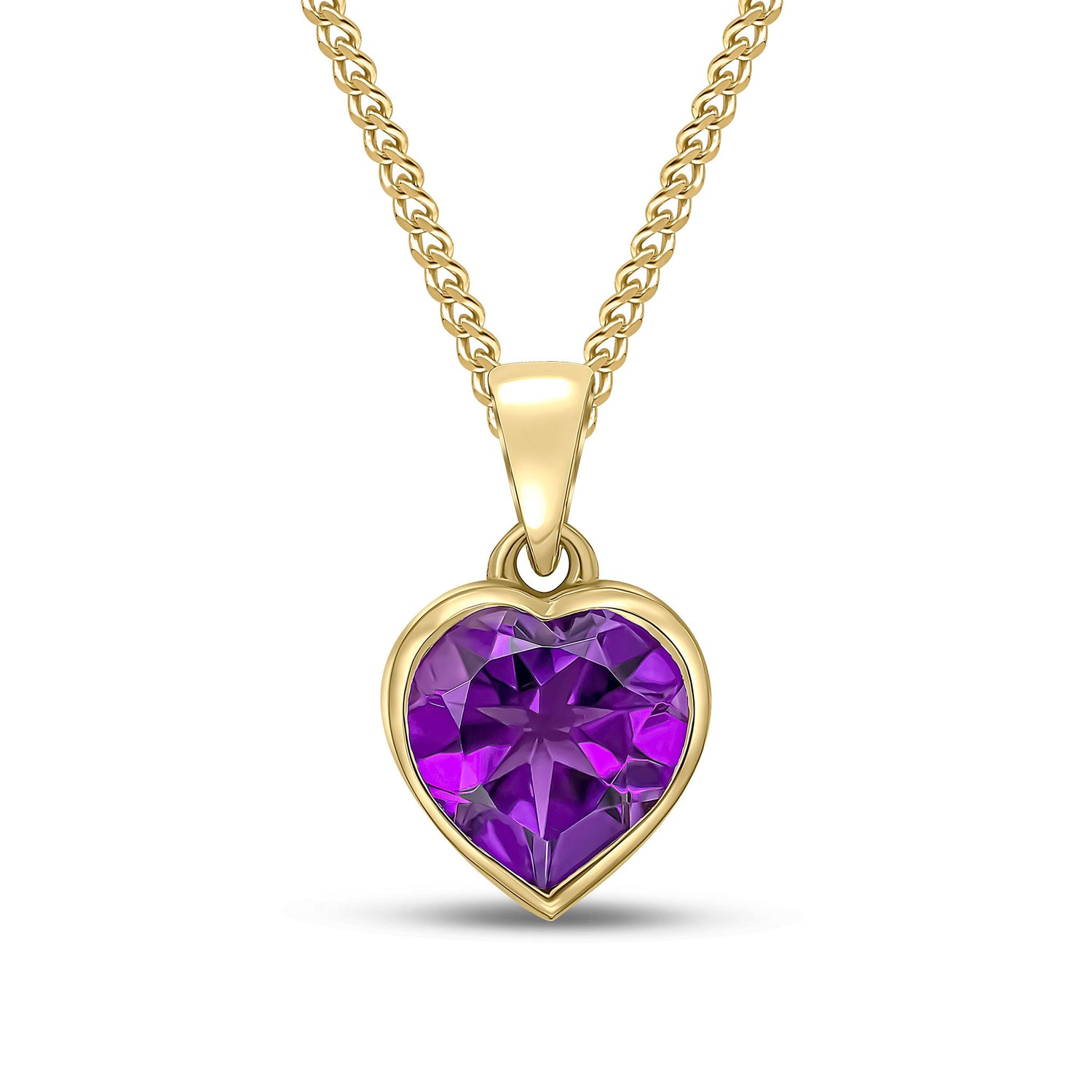9ct Yellow Gold Heart Natural Amethyst Rubover Pendant — 8mm