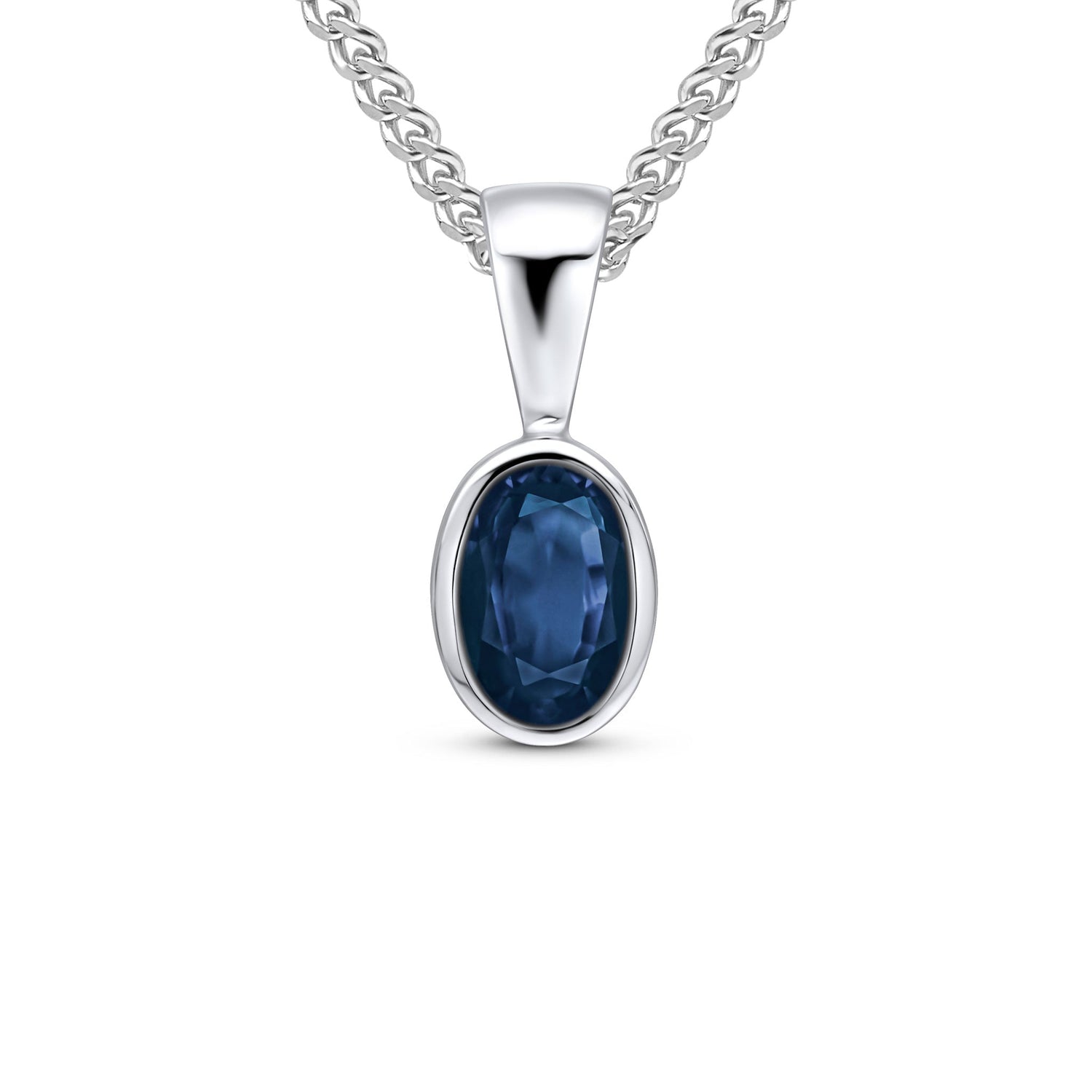 9ct White Gold Oval Natural Sapphire Rubover Pendant — 6x4mm