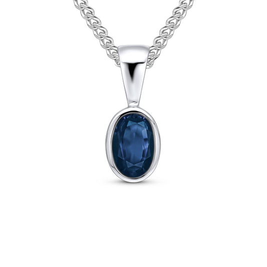 9ct White Gold Oval Natural Sapphire Rubover Pendant — 6x4mm