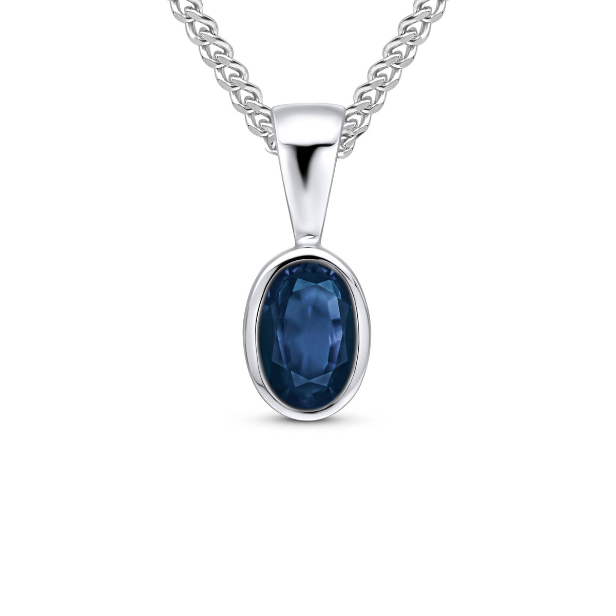 9ct White Gold Oval Natural Sapphire Rubover Pendant — 6x4mm
