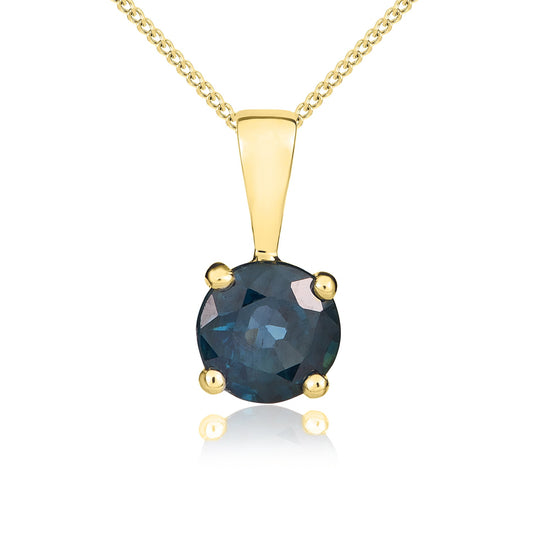 9ct Yellow Gold Round Natural Blue Sapphire 4 Claw Single Stone Pendant —  5mm