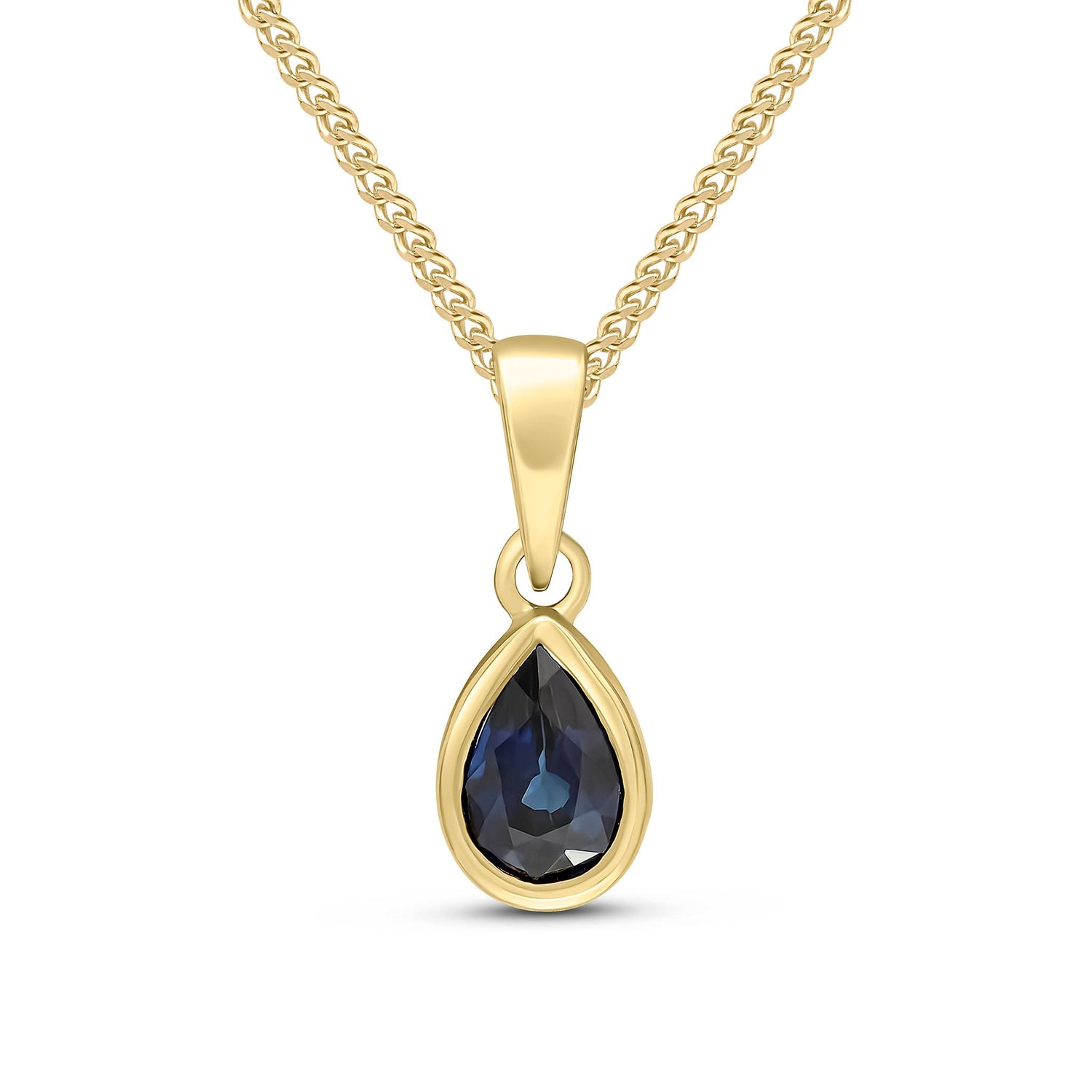 9ct Yellow Gold Pear Shaped Natural Sapphire Rubover Pendant — 6x4mm
