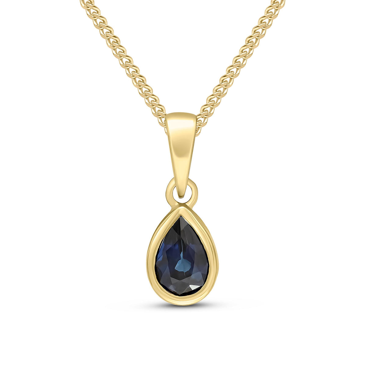 9ct Yellow Gold Pear Shaped Natural Sapphire Rubover Pendant — 6x4mm