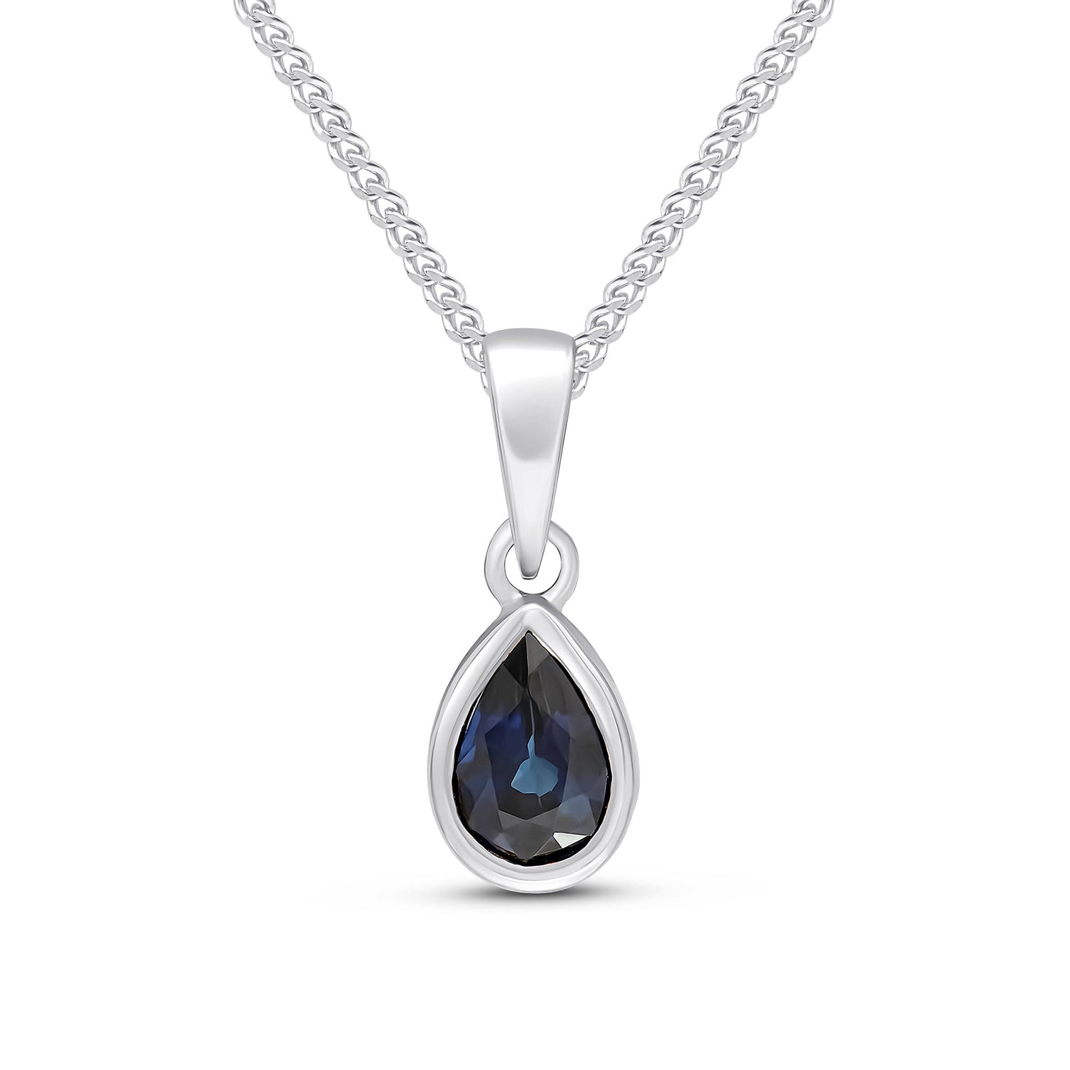 9ct White Gold Pear Shaped Natural Sapphire Rubover Pendant — 6x4mm