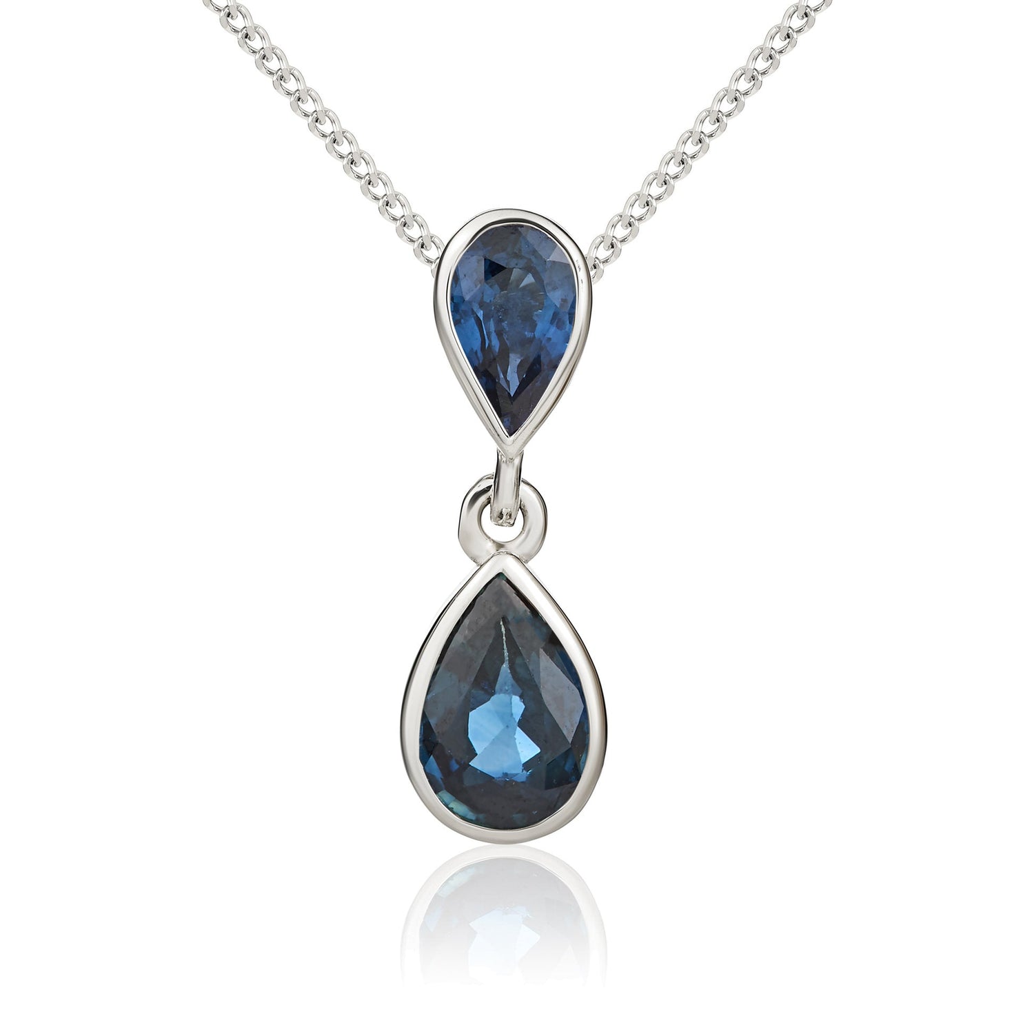 9ct White Gold Pear Shaped Natural Blue Sapphire Two Stone Rubover Drop Pendant